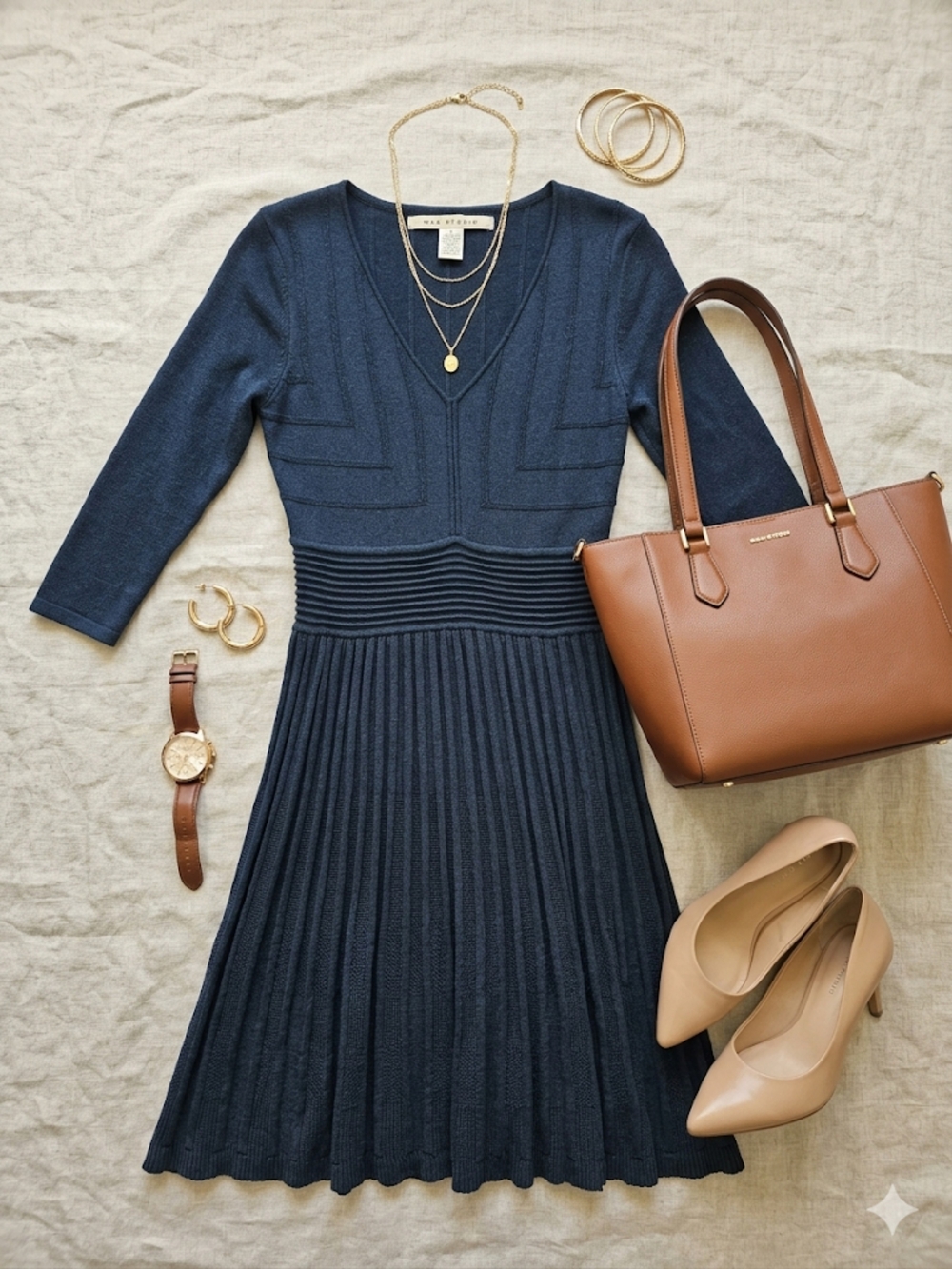 Max Studio Blue Cotton Blend A-line V-Neck Pleated Knit Dress, Size S